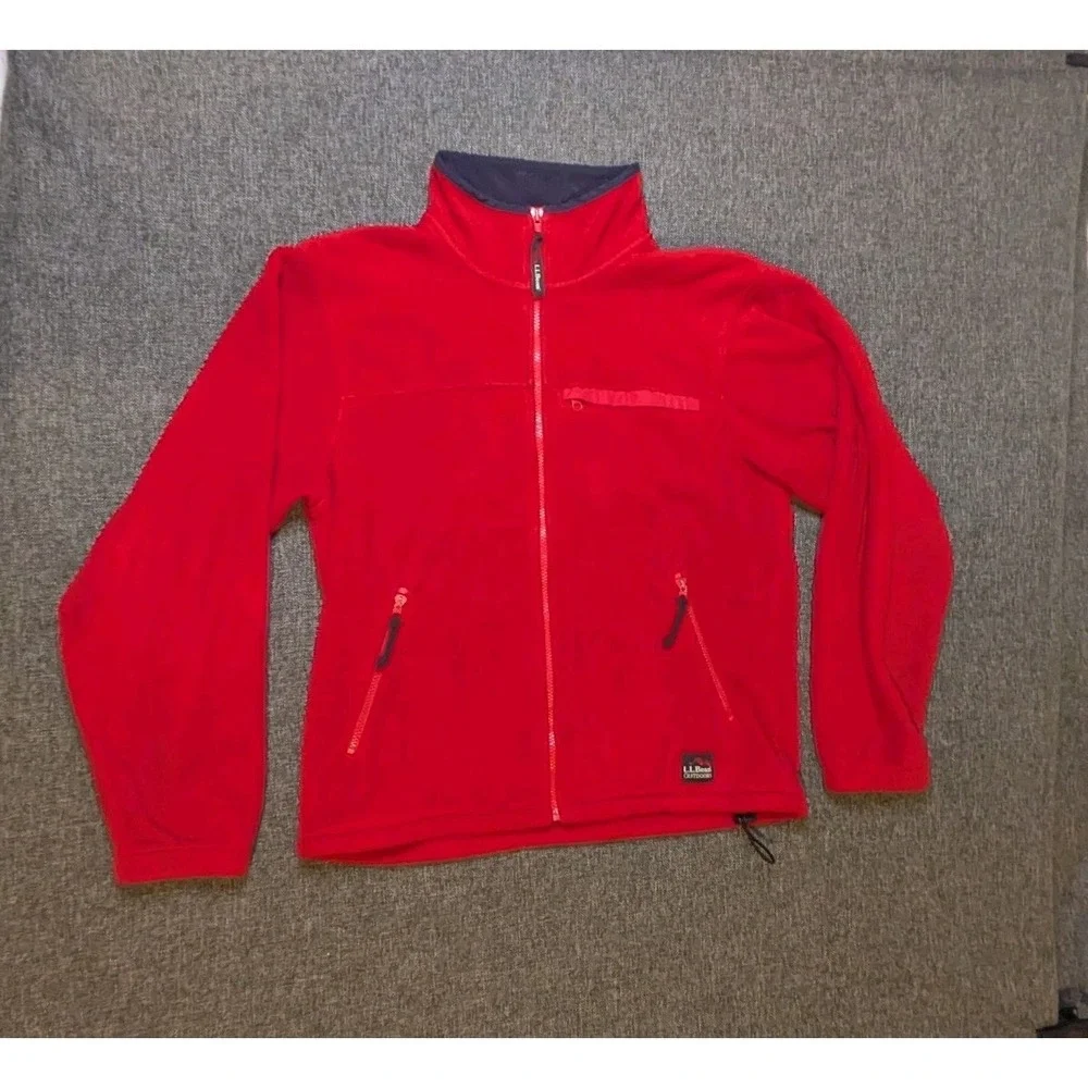 Vintage LL Bean Men's Fleece Medium Jacket Outdoor Red Full-Zip Pockets Hiking